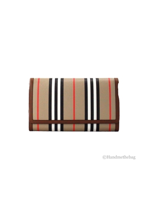Burberry Hannah Icon Stripe Archive Tan E-Canvas Leather Wallet Crossbody Bag