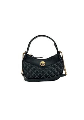 Versace Quilted Black Leather Half Moon Chain Crossbody Bag