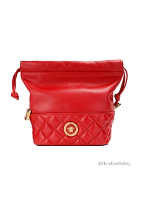 Versace Red Quilted Leather Drawstring Shoulder Bag Bucket Crossbody Handbag
