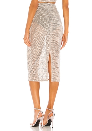 Camila Coelho Beatriz Midi Skirt in Metallic Silver. Size S. Also in XXS, XS, M, L, XL.