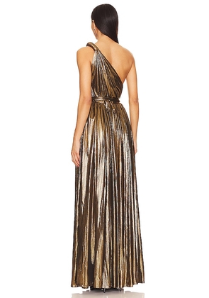 Bronx and Banco Goddess One Shoulder Gown in Metallic Gold. Size M. Also in XS, S.