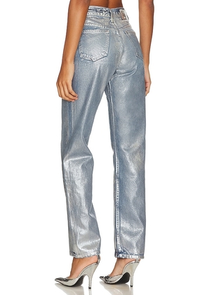 EB Denim High Rise Straight Jeans in Metallic Silver. Size 24. Also in 23, 25, 26, 27, 28, 29, 30.