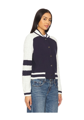 Central Park West Cable Sleeve Knit Bomber in Navy. Size L. Also in M, S, XS.