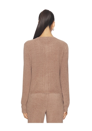 Barefoot Dreams CozyChic Ultra Lite Pointelle Rib Ruffle Front Cardigan in Brown. Size L. Also in S, XS, M, XL.