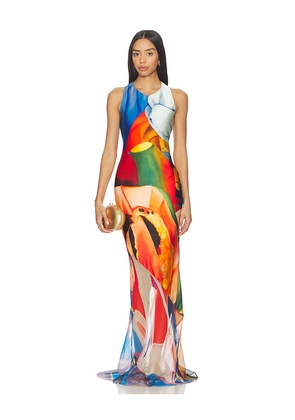 Donde Esteban Salpicon Long Silk Dress in Orange,Blue. Size M. Also in L, S.