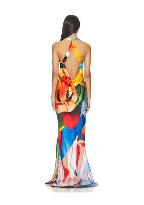 Donde Esteban Salpicon Long Silk Dress in Orange,Blue. Size M. Also in S.