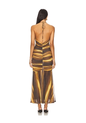 Bardot Aries Mesh Maxi Dress in Brown. Size 12. Also in 6, 8, 10.