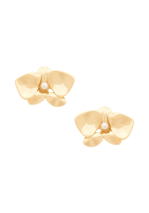 Ettika Pearl Blossom Stud Earrings in Metallic Gold.