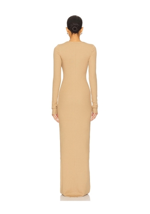 Eterne Long Sleeve Crewneck Maxi Dress in Taupe. Size M. Also in XS, S, L, XL.