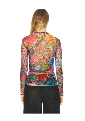 AREA Crystal Embellished Printed Tulle Long Sleeve Top in Black. Size S. Also in M, XS.