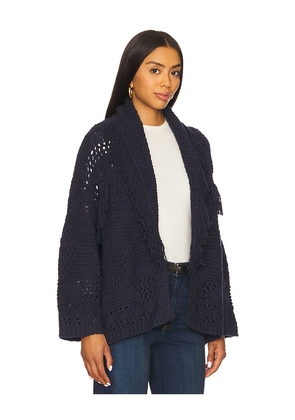 Autumn Cashmere Southwest Fringed Shawl Collar Throw Jacket in Navy. Size M. Also in L.