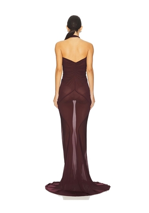 Atlein Halter Neck Ruched Gown in Burgundy. Size 36. Also in 34, 38, 40.