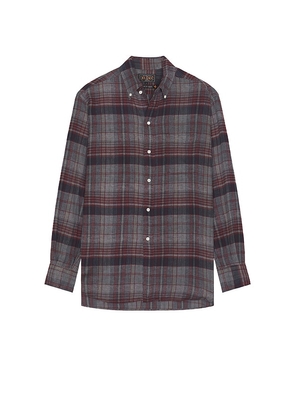 Beams Plus Open Collar Brushed Satin Plaid Shirt in Red. Size S. Also in L.