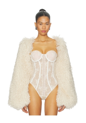 Aniye Records Nilde Faux Fur Bodysuit in Cream. Size S. Also in M.
