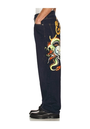 Ed Hardy Dragons Selvage Baggy Denim Pants in Blue. Size 34. Also in 32, 36.