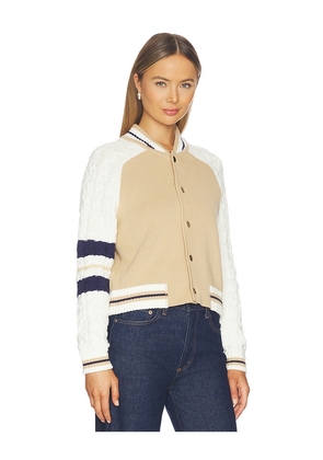 Central Park West Chloe Cable Sleeve Knit Bomber in Tan,White. Size L. Also in XS, M, XL.