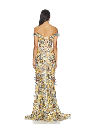 Bronx and Banco Bella Butterfly Jasmine Off The Shoulder Gown in Tan,Orange. Size L. Also in XS, S, M.