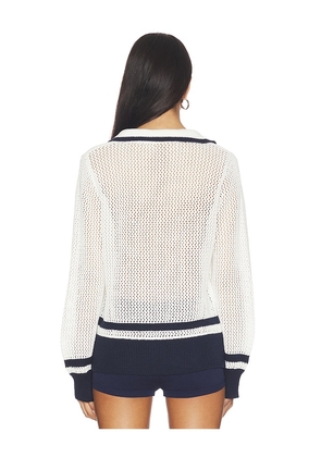 Bobi Polo Mix Stitch Sweater in White,Navy. Size M. Also in S, L.