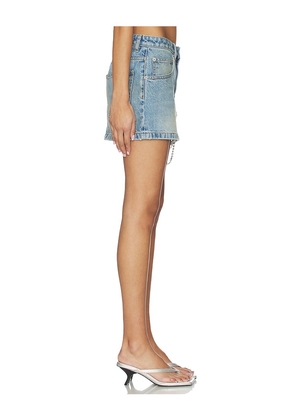 AREA Crystal Fray Denim Mini Skirt in Blue. Size 25. Also in 24, 27.