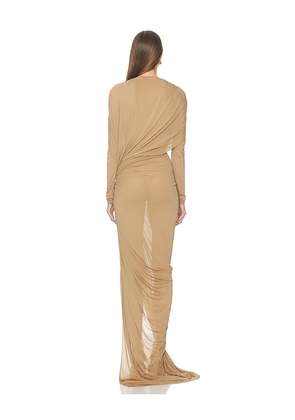 Atlein Draped Long Sleeves High Slit Dress in Tan. Size 36/2. Also in 34/0, 40/6.