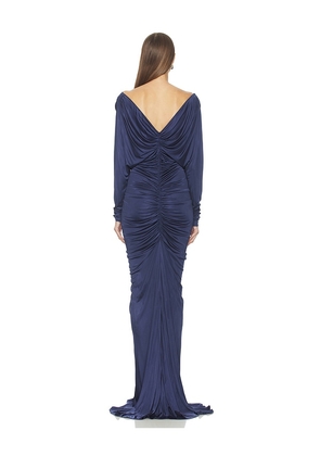 Atlein V Neck Ruched Gown in Navy. Size 36/2. Also in 34/0, 38/4.