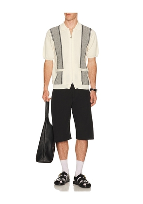 Beams Plus Zip Knit Polo Stripe in White. Size S. Also in M, L, XL.