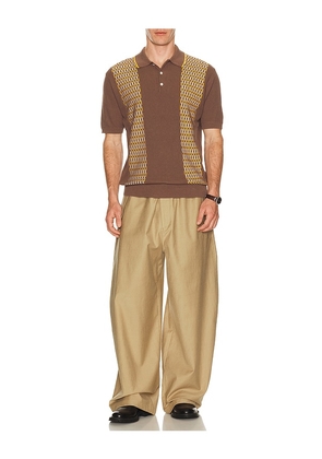 Beams Plus Knit Polo Front Stripe Jacquard in Brown. Size S. Also in L, XL.