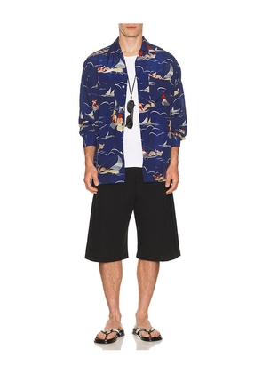 Beams Plus Open Collar Cupro Print in Blue. Size L. Also in S, M.