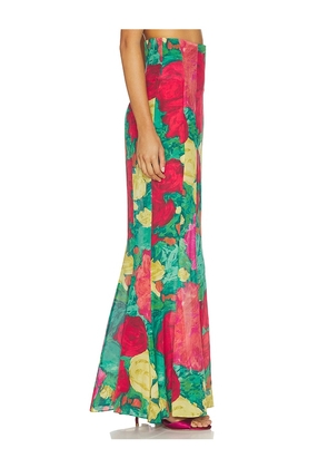 BALMAIN Roses Print Long Skirt in Green, Pink & Yellow in Red,Green. Size 34. Also in 36, 38.