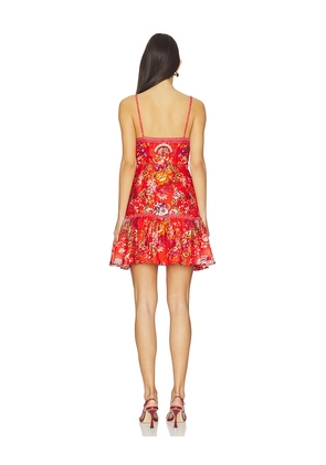 Camilla Tie Front Short Dress With Hem Ruffle in Ol&eacute; Ol&eacute; in Red. Size M. Also in XS, S, L.