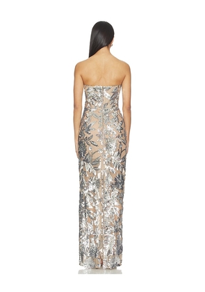 Bronx and Banco Dahlia Strapless Maxi Dress in Metallic Silver. Size L. Also in S, M, XL.