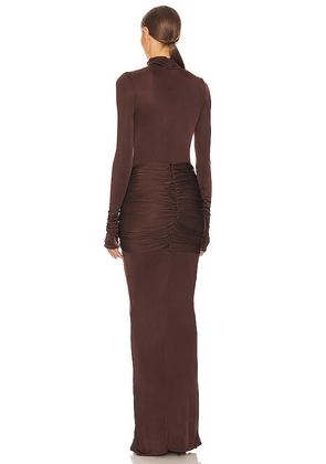Helsa Slinky Jersey Sarong Maxi Dress in Chocolate. Size S. Also in XS, M.