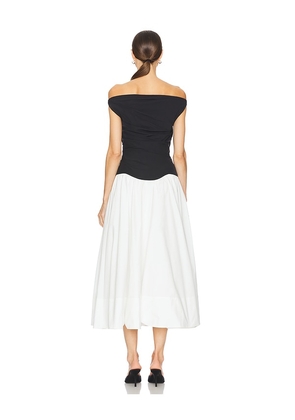 SIMKHAI Cersei Off Shoulder Midi Dress in Black,White. Size 6. Also in 10.