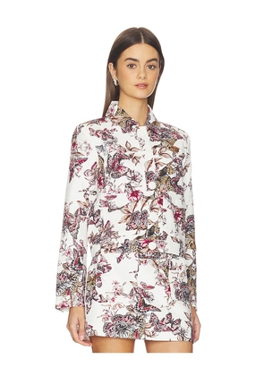 L'AGENCE Nyx Crop Jacket in White Multi Large Butterfly Jungle in White,Pink. Size 0. Also in 00, 2, 4, 6, 8.