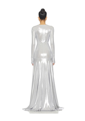Norma Kamali Long Sleeve V Neck Shirred Front Flared Gown in Metallic Silver, grey. Size L. Also in XS, S.