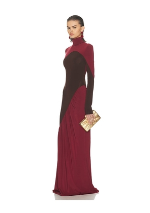 Helsa The Abstraction Color Blocked Jersey Dress in Burgundy,Chocolate. Size M. Also in S, XS, XXS.
