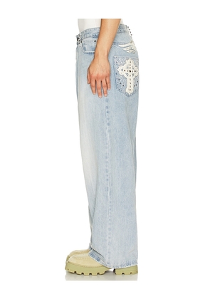 Jaded London Applique Cross XL Colossus Jeans in Blue. Size 30. Also in 28, 32, 34, 36.