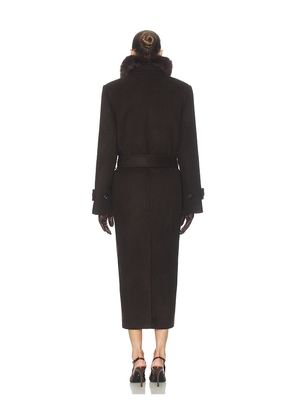 Helsa Bold Shoulder Long Coat in Chocolate. Size M. Also in XS, S, L.