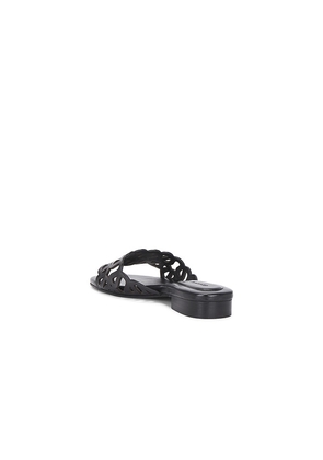 SIMKHAI Mccall Laser Cut Leather Flat Slide in Black. Size 37. Also in 38, 39, 40.