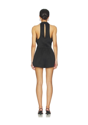 SIMKHAI Halia Draped Satin Romper in Black. Size 0. Also in 2, 8, 10.