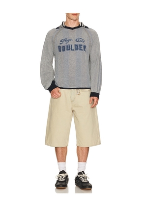 ISA BOULDER Athletic Stripe Sweater in Blue. Size L. Also in S, M, XL/1X.
