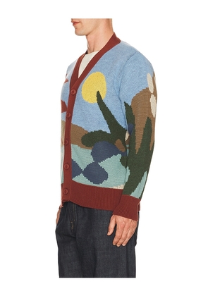 Far Afield Buckley Cardigan Sweater in Brick,Blue. Size S. Also in M, L, XL/1X.