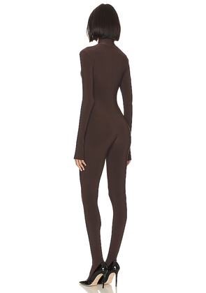 Norma Kamali Slim Fit Turtle Catsuit With Footsie in Chocolate. Size L. Also in XS, S, M, XL.