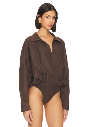 Norma Kamali Oversized Boyfriend Shirt Bodysuit in Chocolate. Size M. Also in L, S, XS.