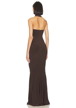 Norma Kamali Halter Turtle Fishtail Gown in Chocolate. Size M. Also in XXS, XS, S, L, XL.