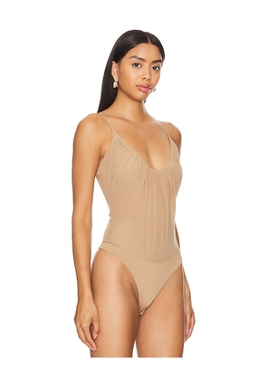 L'AGENCE Gelina Ruched Bodysuit in Tan. Size S. Also in XXS, XS, M, L, XL.