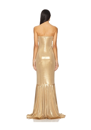 Norma Kamali Strapless Shirred Front Fishtail Gown in Metallic Gold. Size M. Also in XS, S, L, XL, XXS.