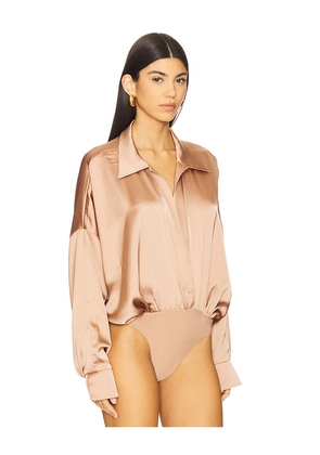 Norma Kamali Super Oversized Boyfriend Neck Shirt Bodysuit in Brown. Size L. Also in M.