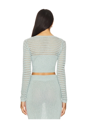 MATTHEW BRUCH Striped Mesh Long Sleeve Cropped Henley in Baby Blue. Size M. Also in S.