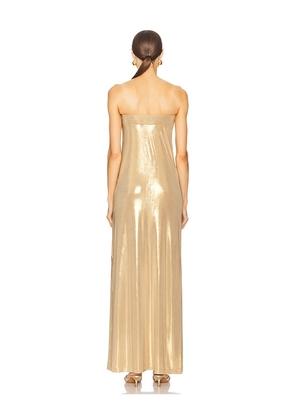 Norma Kamali Strapless Tailored Side Slit Gown in Metallic Gold. Size M. Also in L.